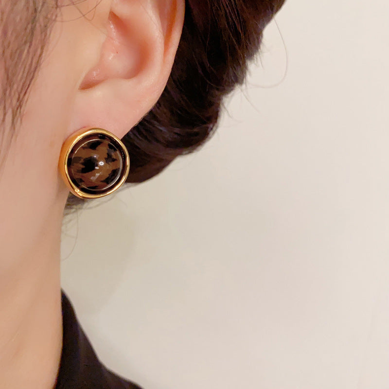 14K Gold-Plated Leopard Print Round Earrings - Retro Chic Design