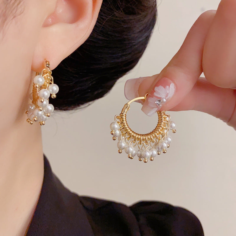Eaioncol Round Metal Pearl Hoop Earrings Gold