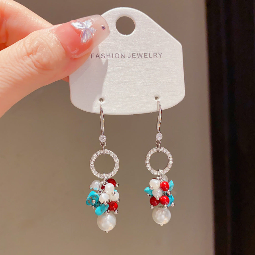 Eaioncol Turquoise Pearl Tassel Ear Hooks Earrings Gold