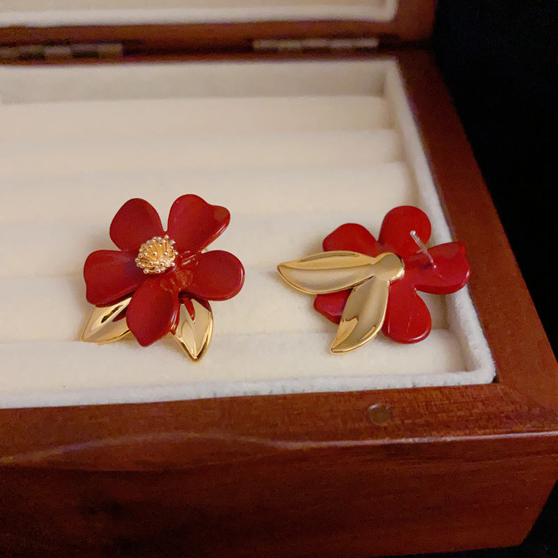 Elegant Ankara Red Camellia Stud Gold Earrings – Floral Design