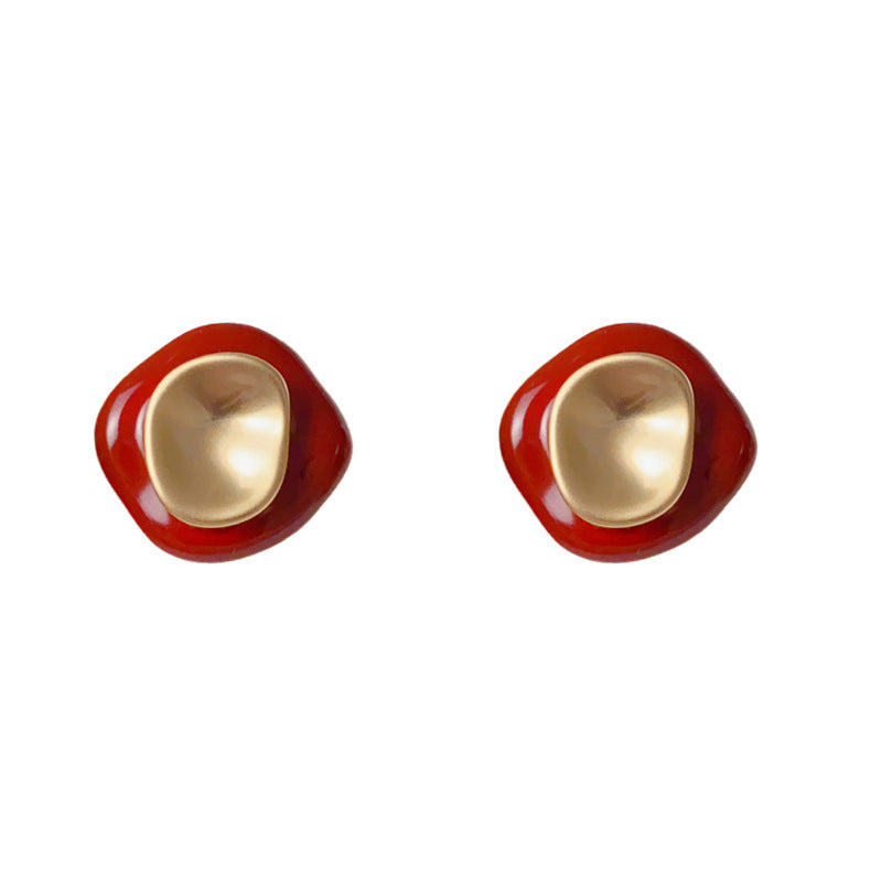 Luxury Red Enamel Irregular Stud Earrings – Elegant Retro Design