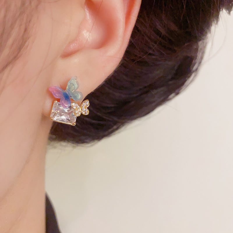Gradient Butterfly Square Zircon Stud Earrings – S925 Silver Needle
