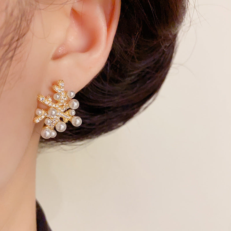 14K Gold Minimalist Coral Pearl & Zircon Stud Earrings– Elegant Design