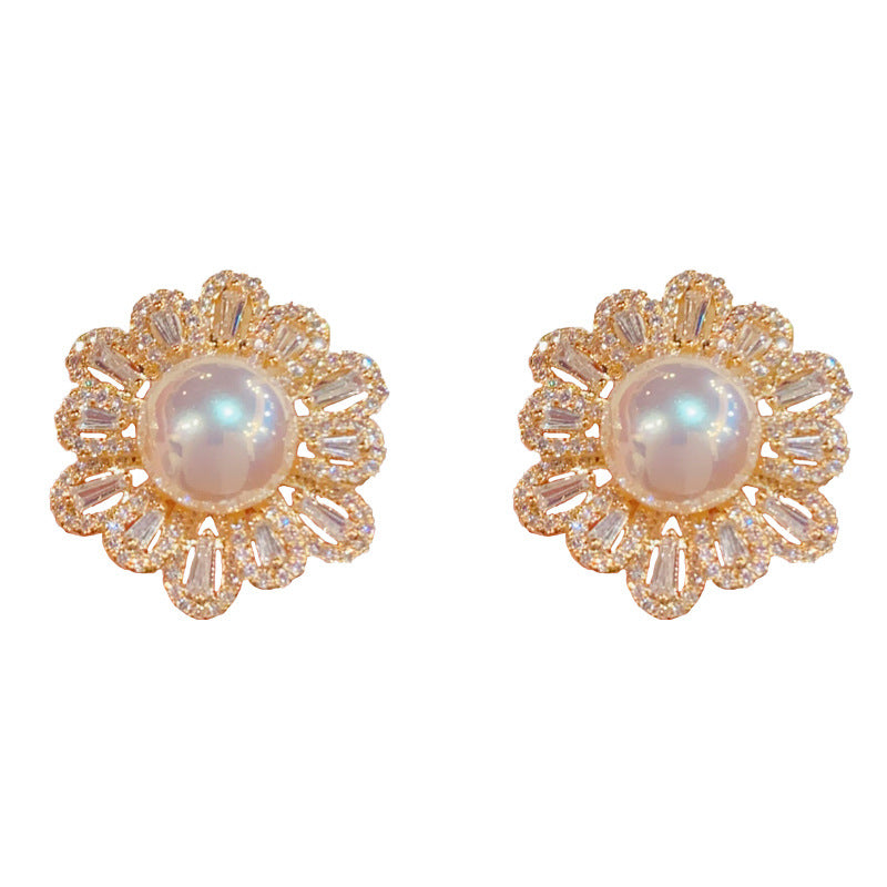 Gold Pavé Petal Pearl Earrings – 925 Silver Post for Sensitive Ears