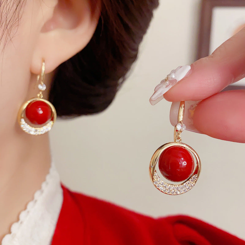 Elegant Red Pearl Zircon Round Drop Earrings – Minimalist Design