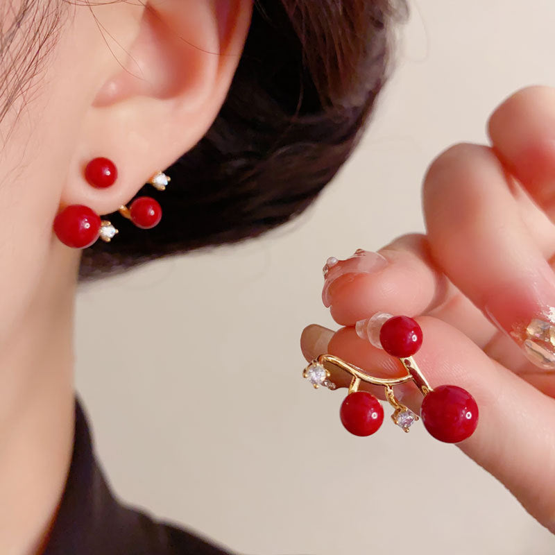Elegant Red Pearl Zircon Rear-Hang Drop Earrings – Minimalist Design