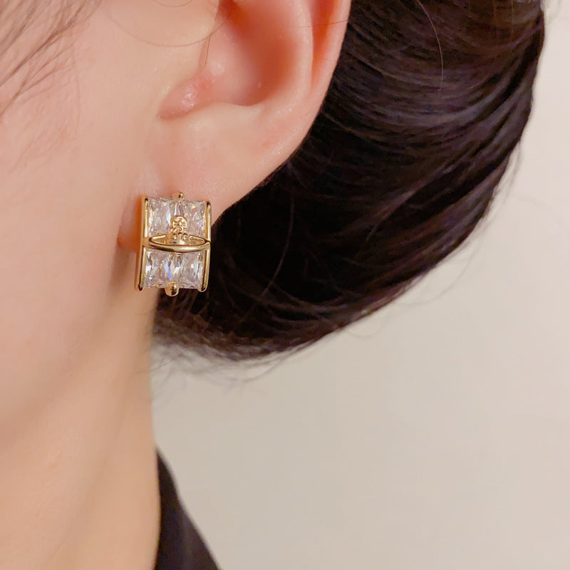 Luxury Geometric Saturn Stud Earrings – Elegant Minimalist Design