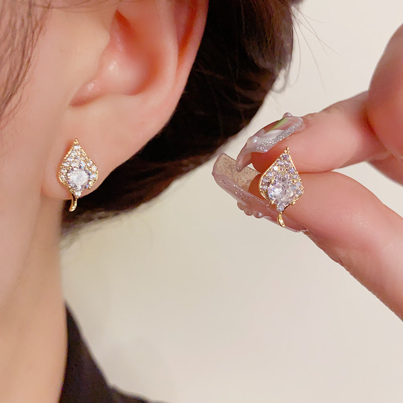 14K Gold-Plated Zircon Leaf Stud Earrings - Elegant & Chic Design