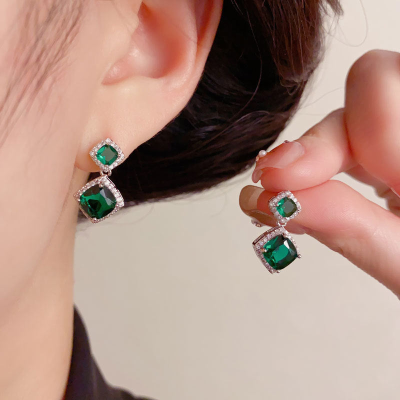Elegant Square Emerald Zircon Drop Earrings – Geometric Design
