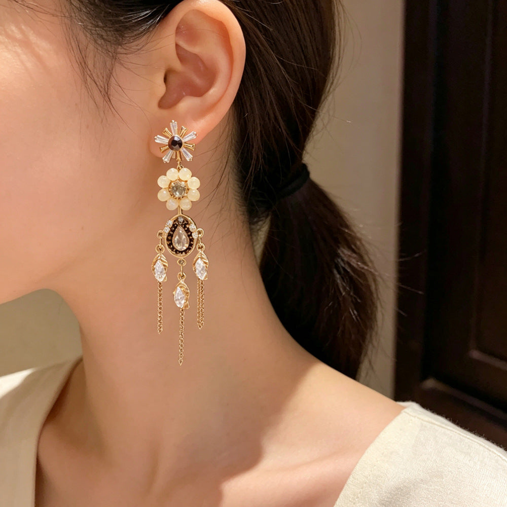 Eaioncol Handmade Petal Chain Tassel Drop Earrings Gold
