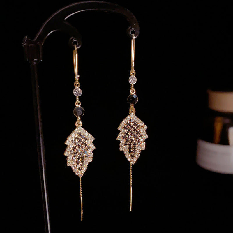 14K Gold-Plated Full-Diamond Leaf Tassel Earrings -Vintage Chic Design