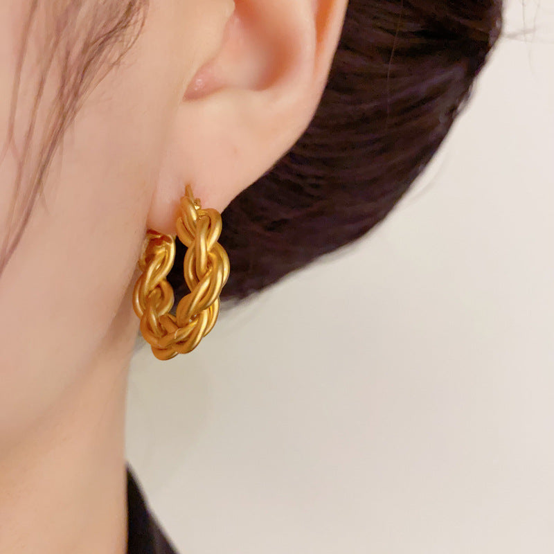 14K Gold-Plated Metal Twisted Rope Hoop Earrings-Chic Minimalist Style