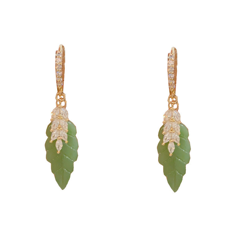 Luxury Zircon Green Leaf Tassel Drop Earrings – Floral Design