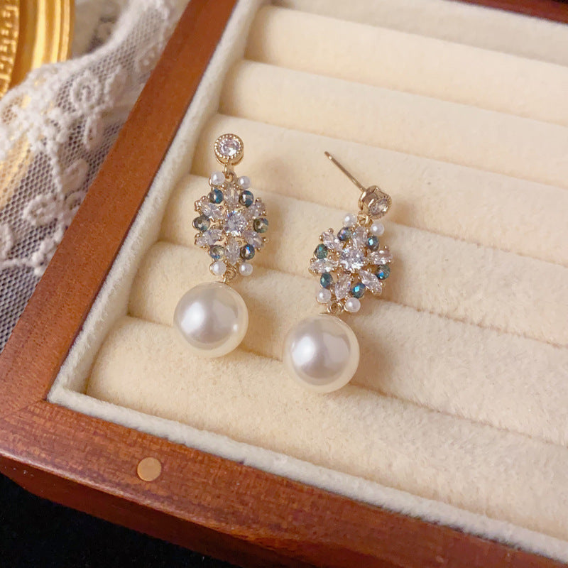 Luxury Zircon Snowflake Pearl Drop Earrings – Elegant French Design