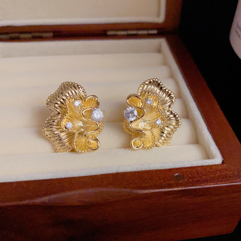 14K Gold-Plated Zircon Flower Petal Stud Earrings -Vintage Style