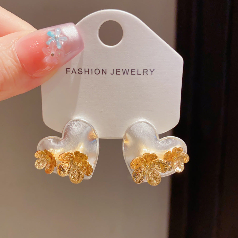 Eaioncol Two-Tone Brushed Heart Floral Earrings 14K Gold Plated