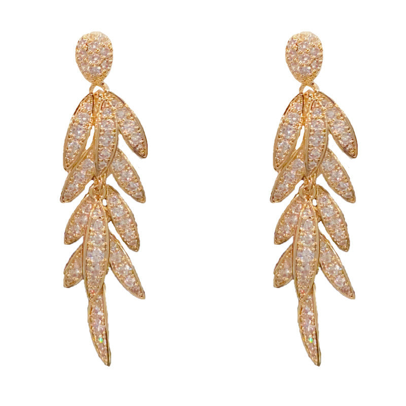 Elegant Zircon Wheat Spike Tassel Earrings – Micro-Pavé French Design