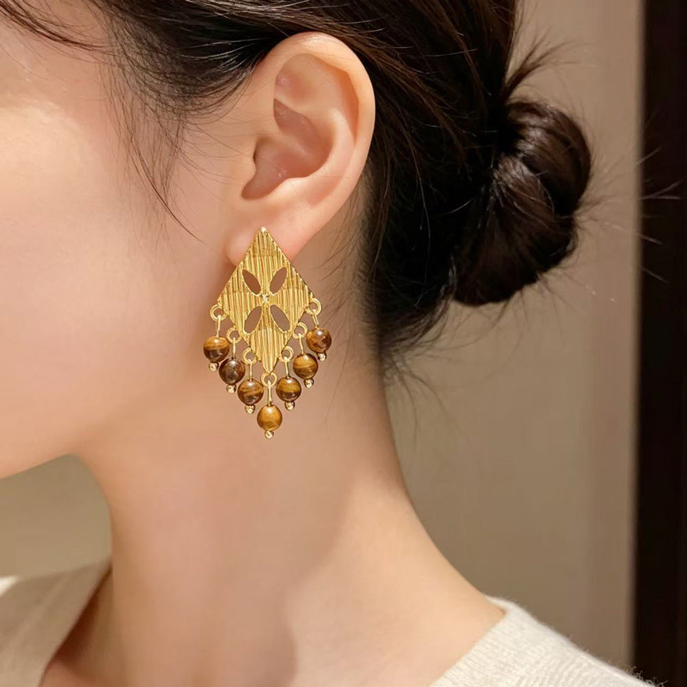Eaioncol Rhombus Tassel Earrings Gold Pearl Tiger Eye