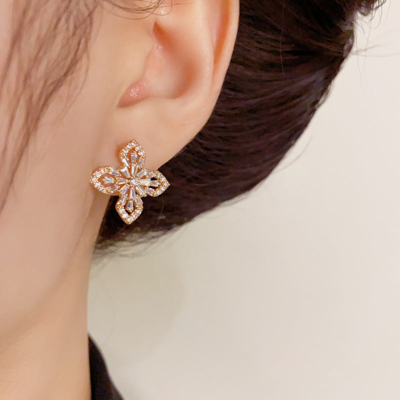 14K Gold-Plated Zircon Four-Leaf Clover Earrings - Sparkling Elegance