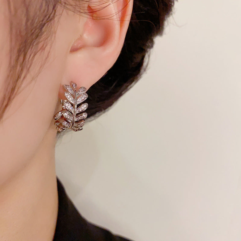 Elegant Micro-Pavé Zircon Leaf Hoop Earrings – Botanical Design
