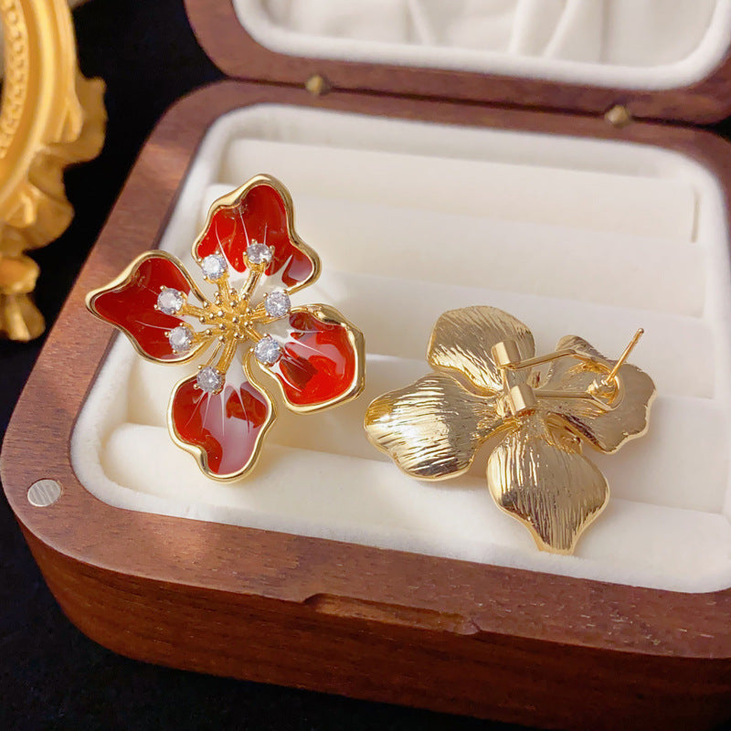 Elegant Zircon Enamel Petal Stud Earrings – Floral Design