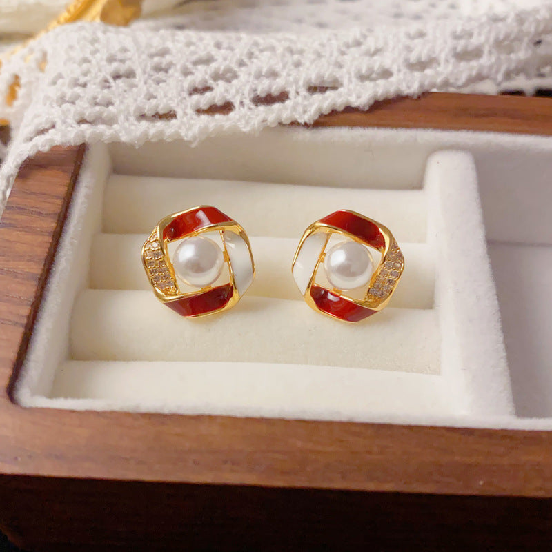 Luxury Zircon Pearl Color-Block Circle Stud Earrings – Elegant Design
