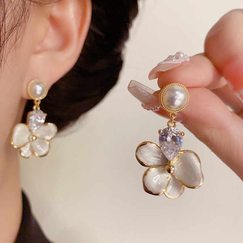 14K Gold-Plated White Drop Oil Petal Tassel Earrings -Floral Design