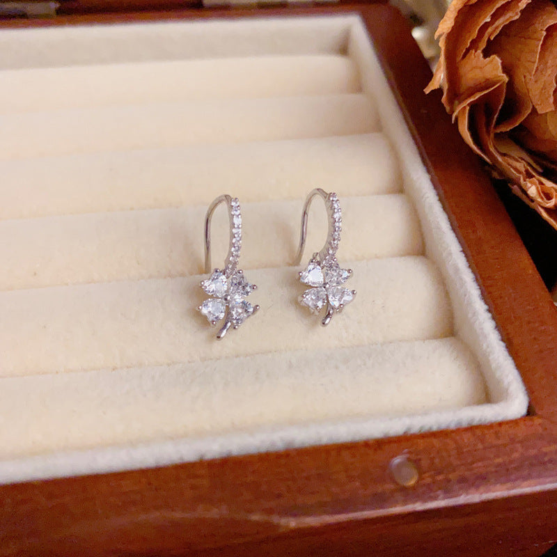 Luxury Zircon Four-Leaf Flower Hook Earrings – Elegant Flower Design