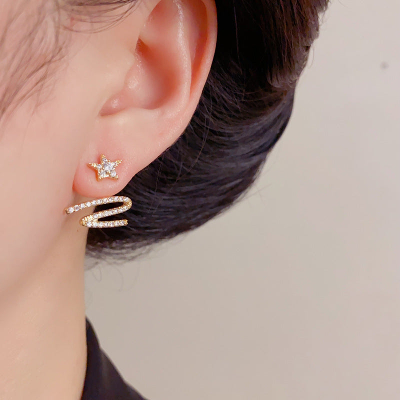 Gold 2‑Way Star Ribbon Earrings – Zircon Drop & Stud for Women