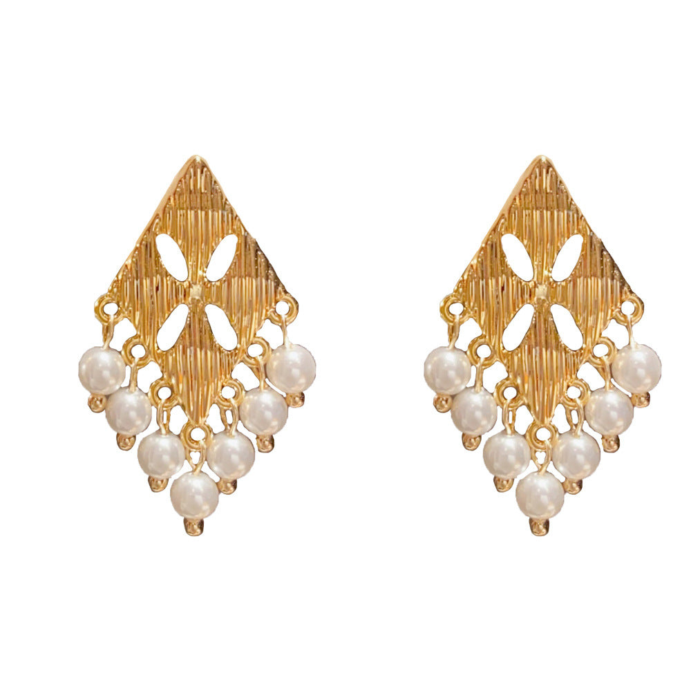 Eaioncol Rhombus Tassel Earrings Gold Pearl Tiger Eye