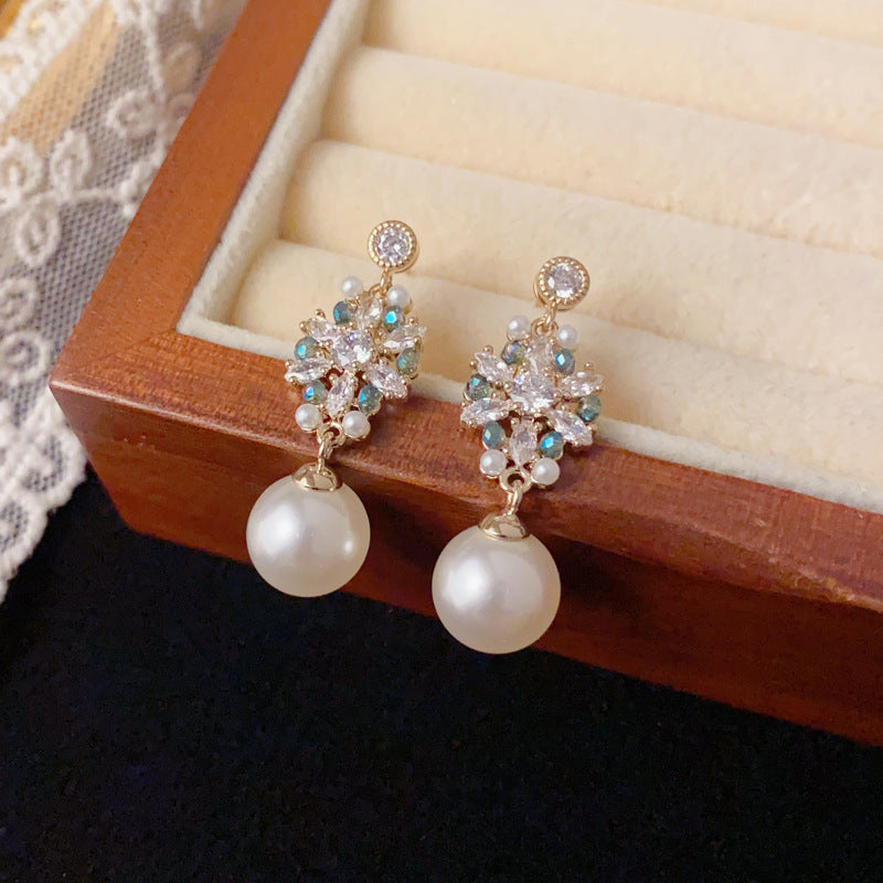 Luxury Zircon Snowflake Pearl Drop Earrings – Elegant French Design