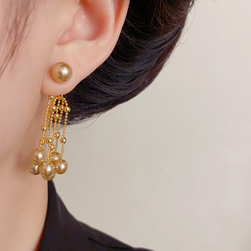 Elegant Two-Way Pearl Tassel Drop Earrings – Long Fringe Design