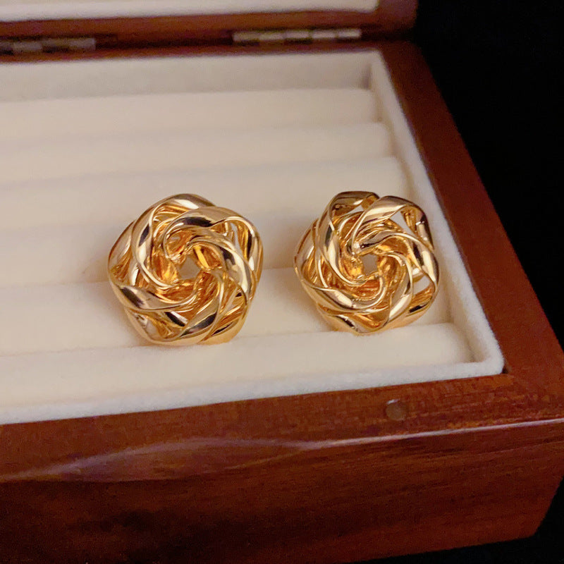 14K Gold-Plated Rose Stud Earrings - Vintage 3D Floral Design