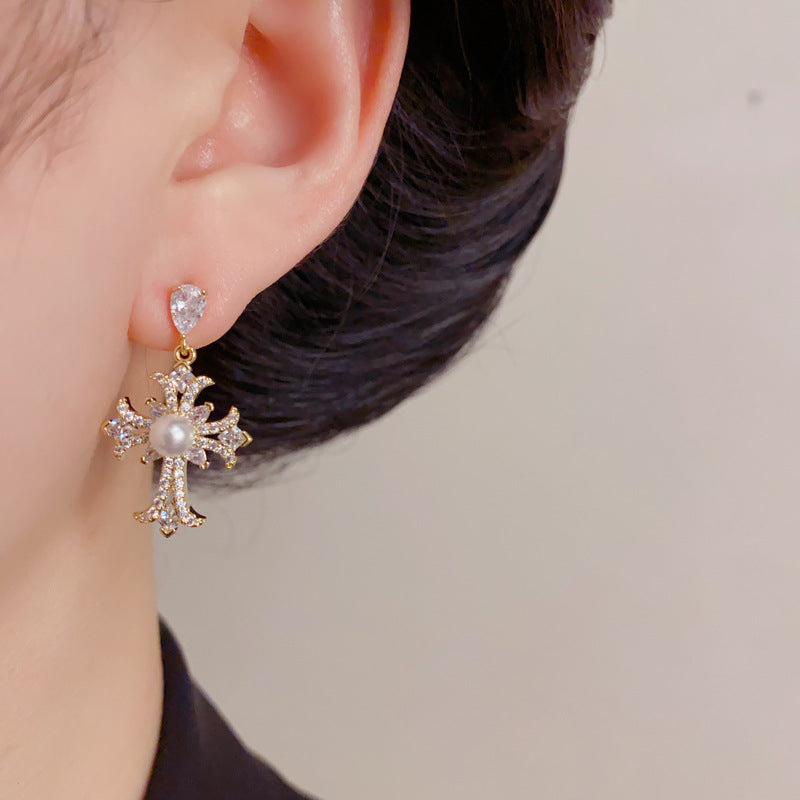 14K Gold Cross  Elegant Earrings – Cubic Zircon & Pearl for Women