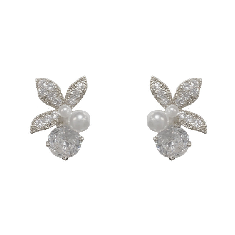 14K Gold-Plated Zircon Leaf Pearl Stud Earrings - Elegant Leaf Design