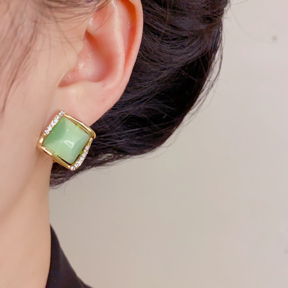 Eaioncol Green Cat Eye Rhombus Stud Earrings Gold