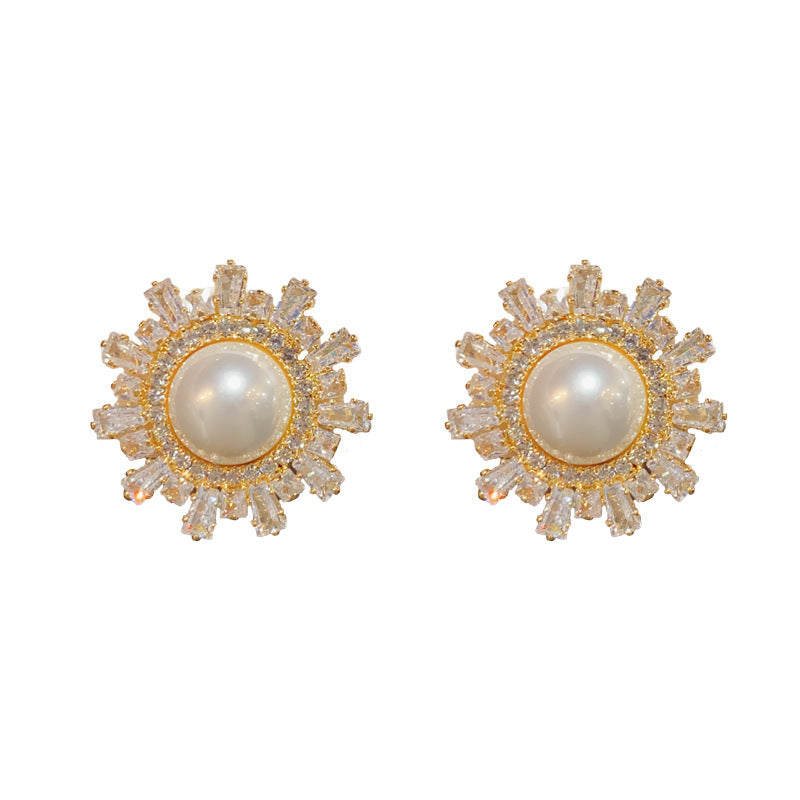 14K Gold-Plated Diamond Pearl Sunflower Stud Earrings-Bold&Chic Design