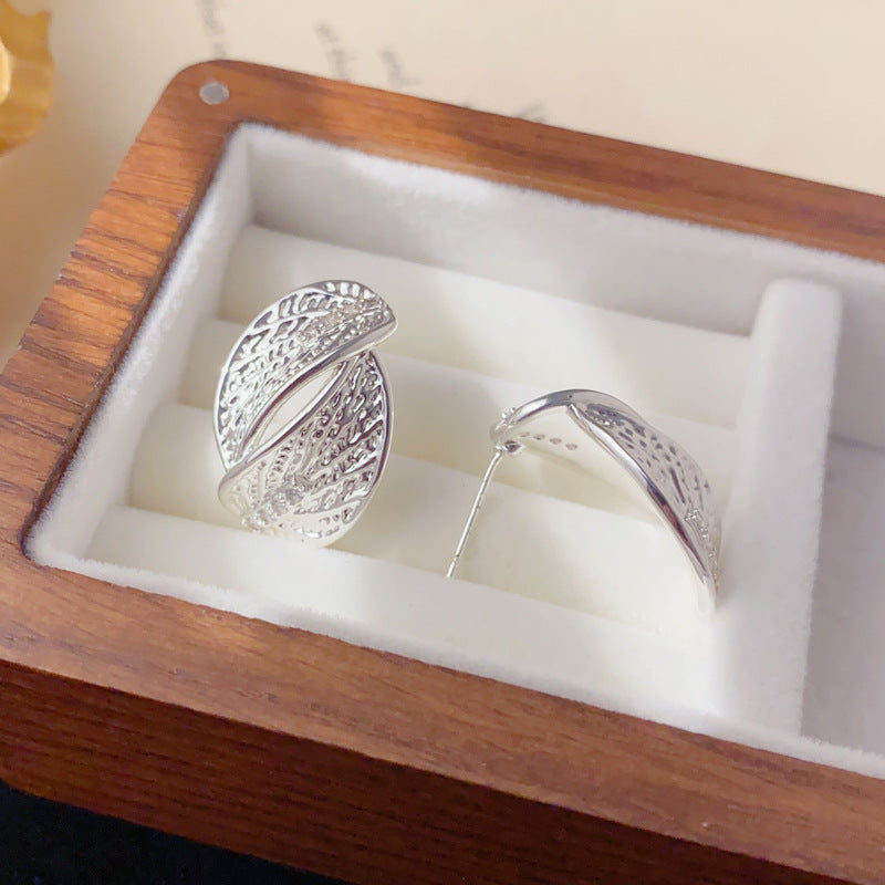 Elegant Zircon Metal Leaf Stud Earrings – Floral Design