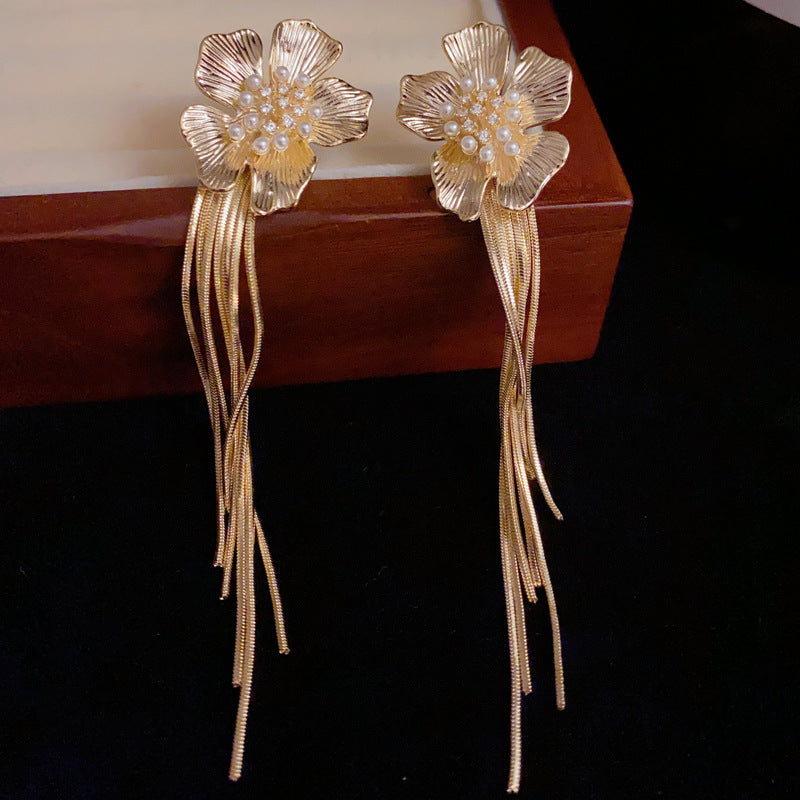 14K Gold-Plated Metal Pearl Petal Long Tassel Earrings-Elegant Design