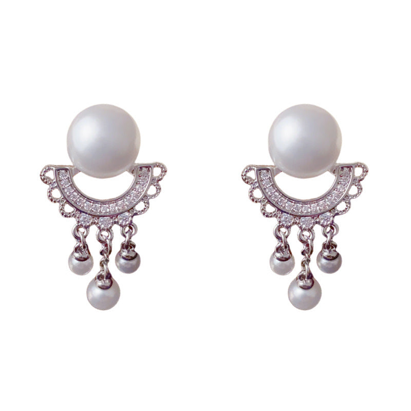 Elegant Zircon Pearl Fan Tassel Drop Earrings – Long Fringe Design