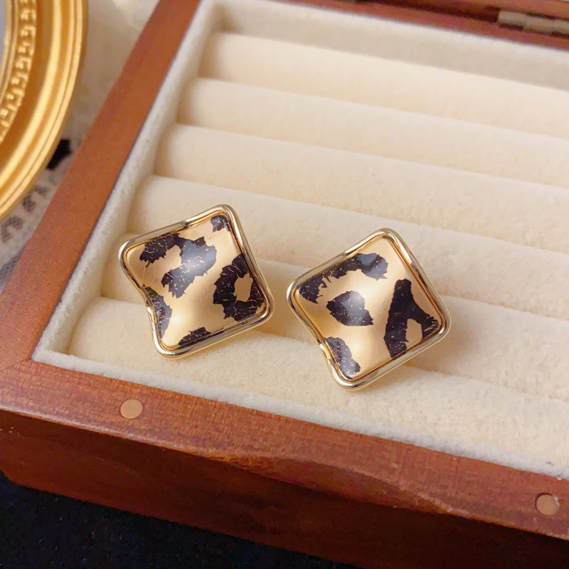 Luxury Irregular Leopard Square Stud Earrings – French Retro Design