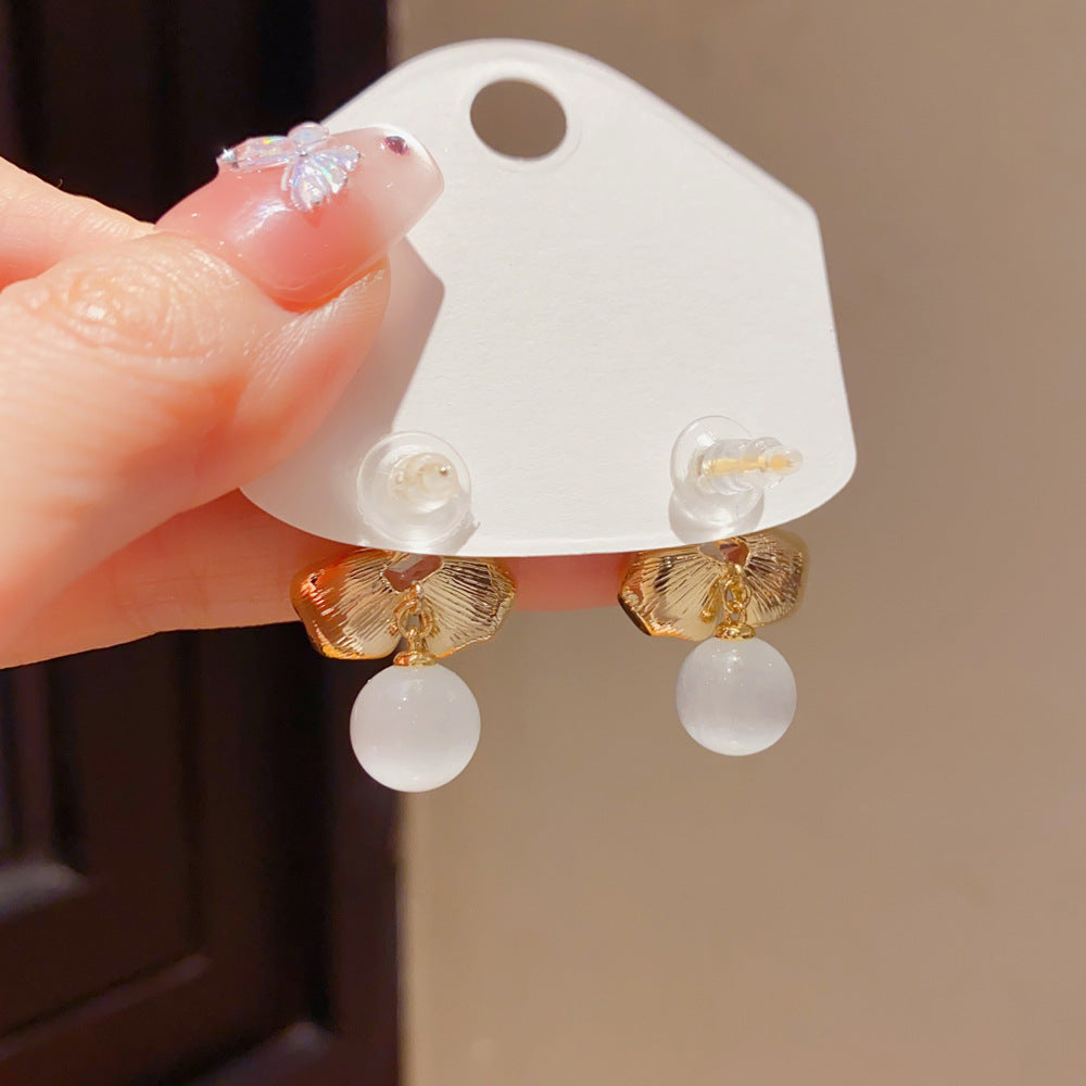 Eaioncol Enamel Three Leaf Cat Eye Drop Earrings Gold