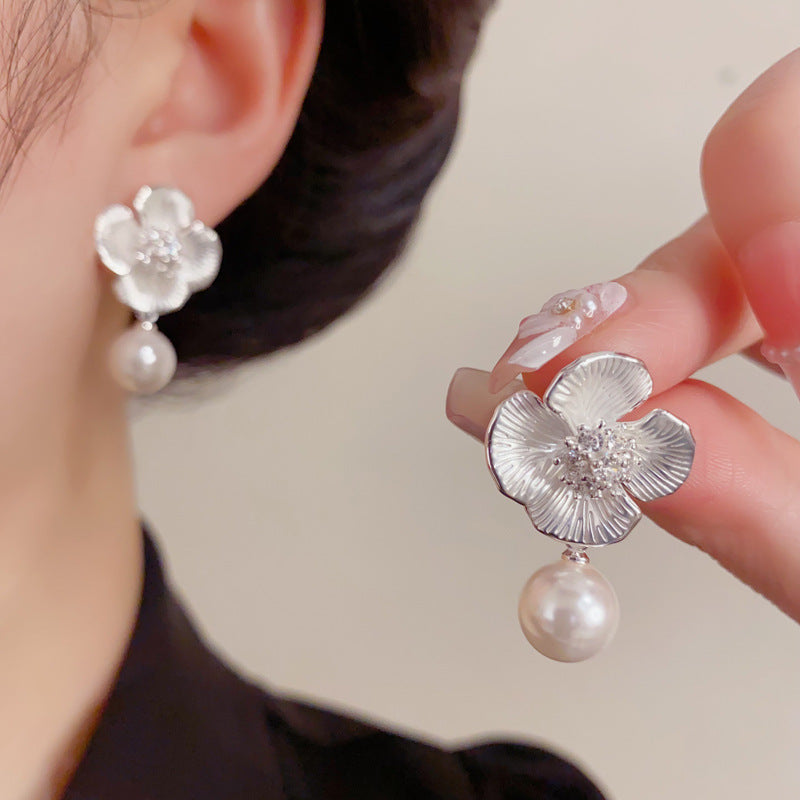 Elegant Pink Flower Pearl Drop Earrings – Petal Design for Women