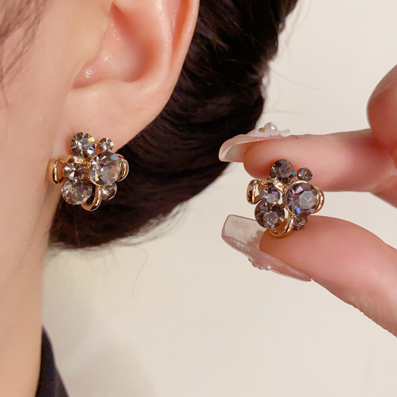 14K Gold-Plated Full Zircon Flower Stud Earrings-Elegant Floral Sparkle