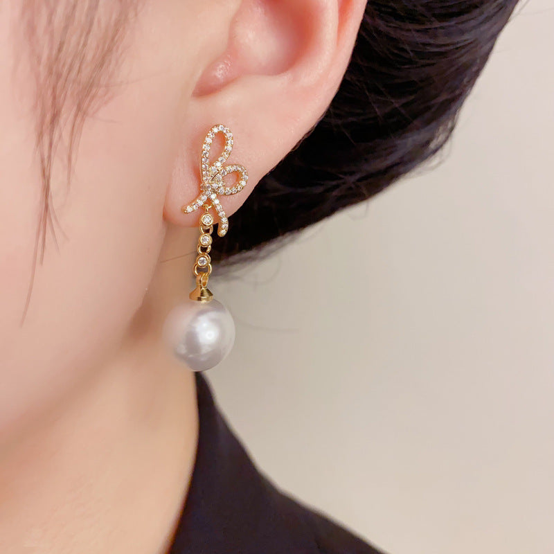 Elegant Zircon Butterfly Bow Pearl Tassel Earrings – Minimalist Design