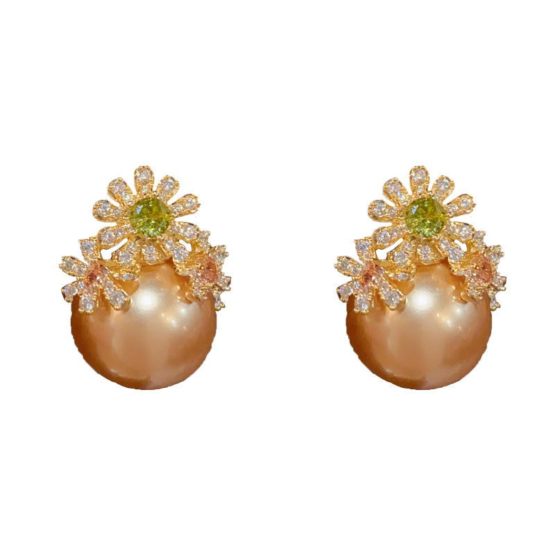 14K Gold-Plated Zirkon 3D Flower Pearl Stud Earrings -Floral Design