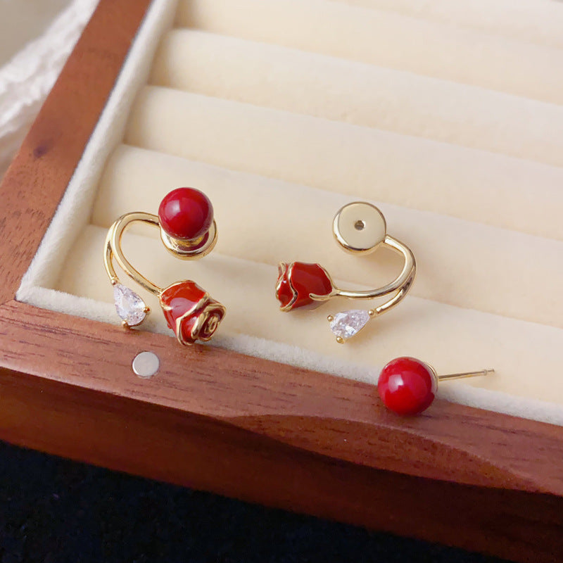 Elegant Red Rose Two-Way Stud Earrings – Floral Design
