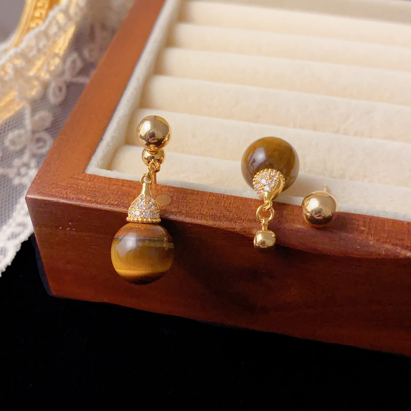 Luxury Two-Way Tiger’s Eye Drop Earrings – Geometric Design