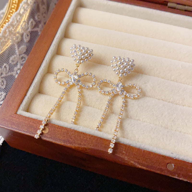 Elegant Pearl Heart Zircon Bow Drop Earrings – Romantic Design