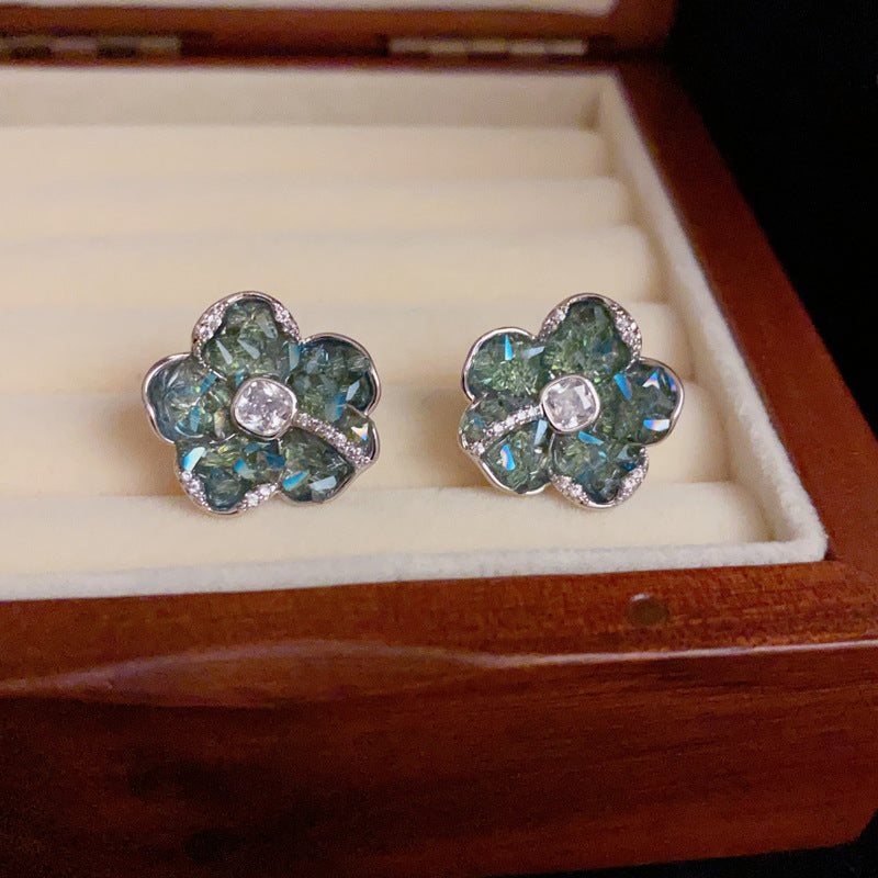 14K Gold-Plated Crystal Green Petal Stud Earrings -Floral Design